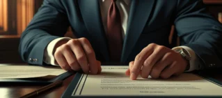 Advogado analisando documento de testamento sobre mesa de madeira, representando a contestação e anulação de testamento em disputa de herança.