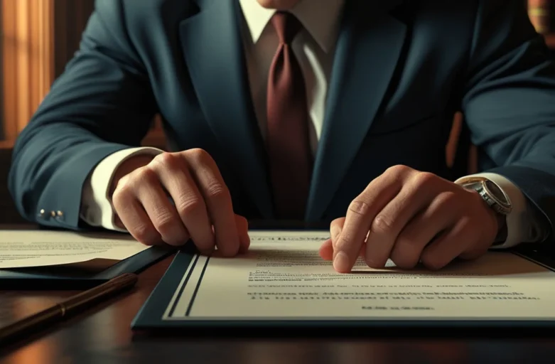 Advogado analisando documento de testamento sobre mesa de madeira, representando a contestação e anulação de testamento em disputa de herança.