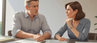 Casal em discussão sobre documentos em uma mesa, representando a disputa pelo imóvel durante o processo de divórcio e partilha de bens.