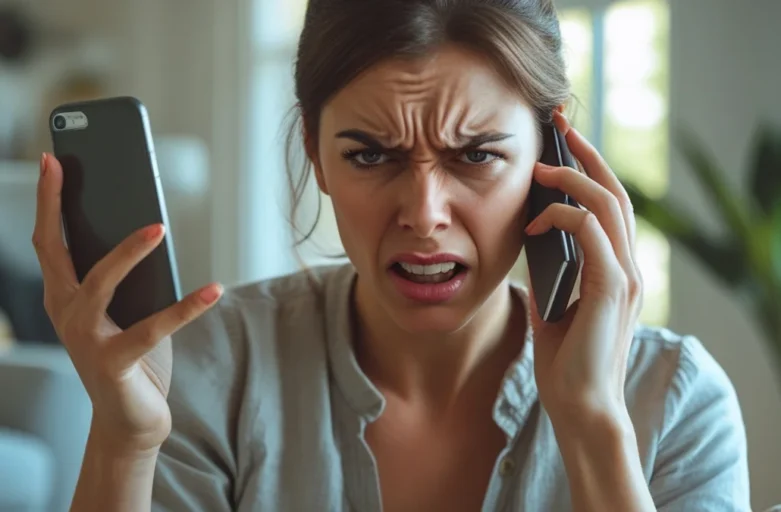 Cobrança abusiva por telefone gera dano moral? Pessoa frustrada segurando celular com várias chamadas perdidas de cobrança abusiva. Contexto de direito do consumidor.