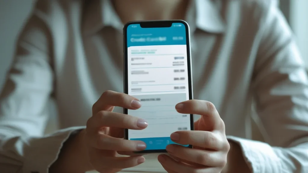 Pessoa preocupada olhando fatura de cartão de crédito no celular, representando indignação com cobrança indevida após cancelamento.