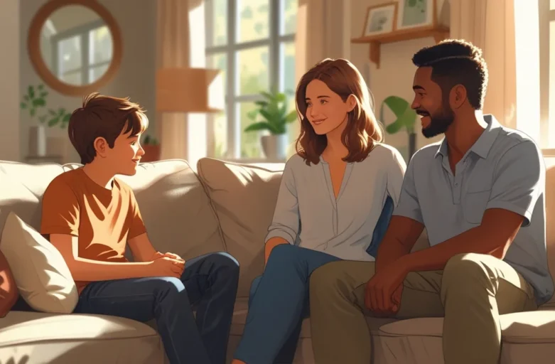 Adolescente conversando com os pais sobre moradia, simbolizando o direito de ser ouvido em processos de guarda.