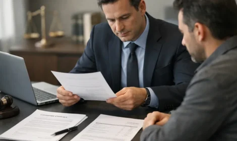 Advogado analisando contrato e orientando consumidor sobre seus direitos