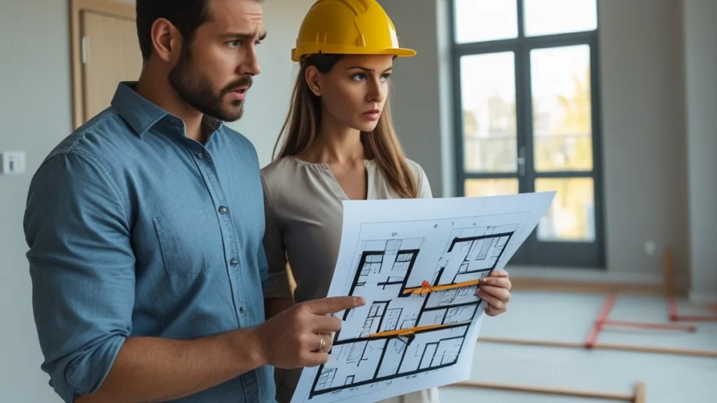Casal analisando contrato de imóvel na planta com calculadora, representando o cálculo de devolução de valores no distrato imobiliário.