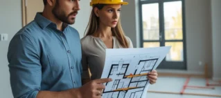 Casal analisando contrato de imóvel na planta com calculadora, representando o cálculo de devolução de valores no distrato imobiliário.