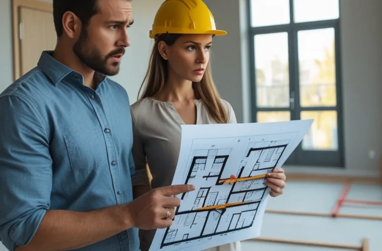 Casal analisando contrato de imóvel na planta com calculadora, representando o cálculo de devolução de valores no distrato imobiliário.