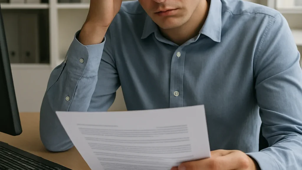 Jovem estagiário em escritório analisando documentos com expressão de preocupação, representando a dúvida sobre vínculo empregatício e direitos trabalhistas.