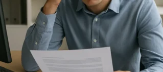 Jovem estagiário em escritório analisando documentos com expressão de preocupação, representando a dúvida sobre vínculo empregatício e direitos trabalhistas.