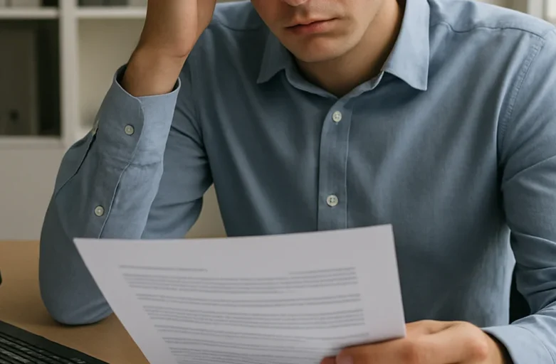Jovem estagiário em escritório analisando documentos com expressão de preocupação, representando a dúvida sobre vínculo empregatício e direitos trabalhistas.