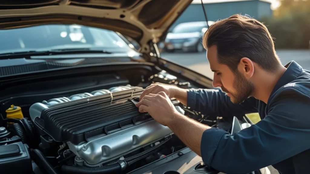 Consumidor observando motor de carro usado em vistoria, representando o direito à garantia de bens usados.