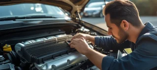Consumidor observando motor de carro usado em vistoria, representando o direito à garantia de bens usados.