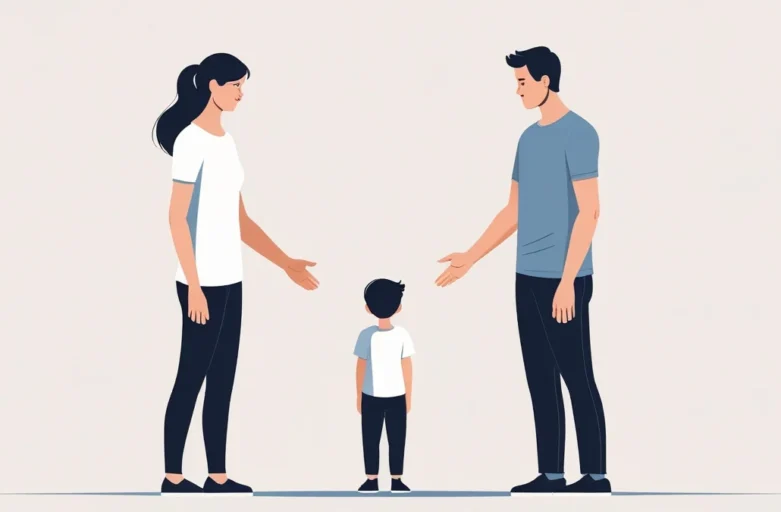 Representação de pais em lados opostos com uma criança ao centro, simbolizando os desafios da guarda compartilhada.