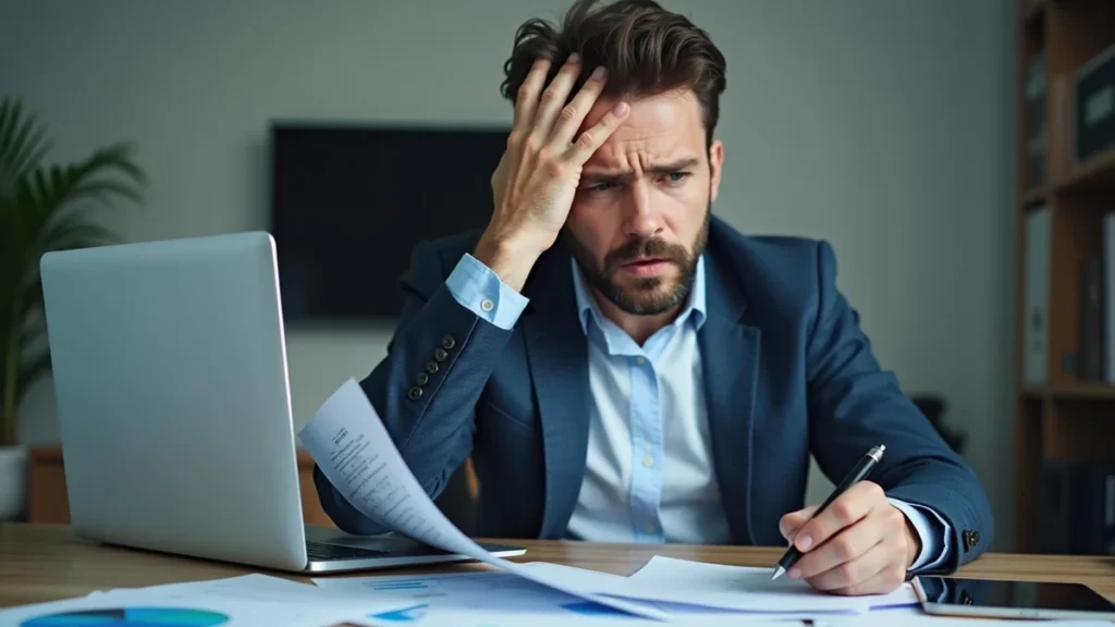 Homem analisando documentos financeiros com expressão de preocupação devido à negativação indevida no Serasa, buscando orientação jurídica.