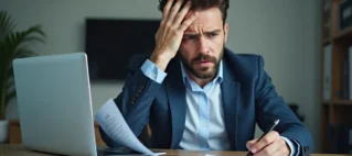 Homem analisando documentos financeiros com expressão de preocupação devido à negativação indevida no Serasa, buscando orientação jurídica.