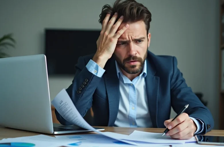 Homem analisando documentos financeiros com expressão de preocupação devido à negativação indevida no Serasa, buscando orientação jurídica.