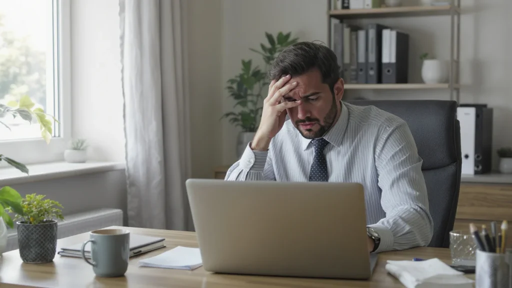 Profissional em home office com expressão de preocupação olhando para o notebook, representando o momento de uma demissão online.