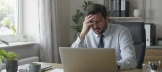 Profissional em home office com expressão de preocupação olhando para o notebook, representando o momento de uma demissão online.