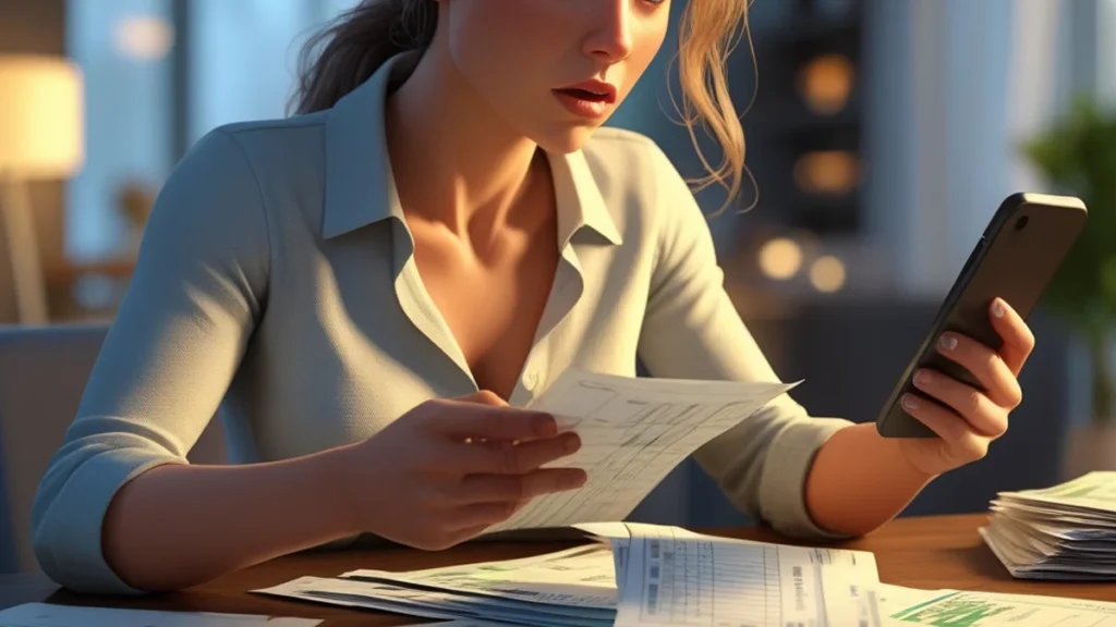 Mulher preocupada analisando documentos financeiros e celular, representando a falta de pagamento de pensão e contato do ex-parceiro.