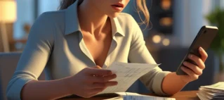 Mulher preocupada analisando documentos financeiros e celular, representando a falta de pagamento de pensão e contato do ex-parceiro.