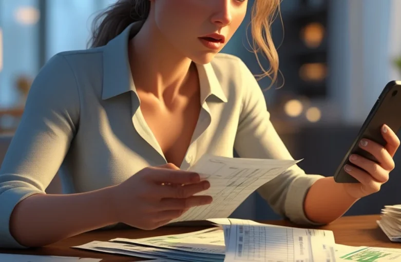 Mulher preocupada analisando documentos financeiros e celular, representando a falta de pagamento de pensão e contato do ex-parceiro.