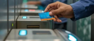 Trabalhador utilizando cartão de transporte público em catraca, representando o direito ao vale-transporte obrigatório.