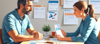 Pais discutindo contas e documentos sobre o plano de saúde do filho após o divórcio, representando a disputa judicial por despesas médicas.