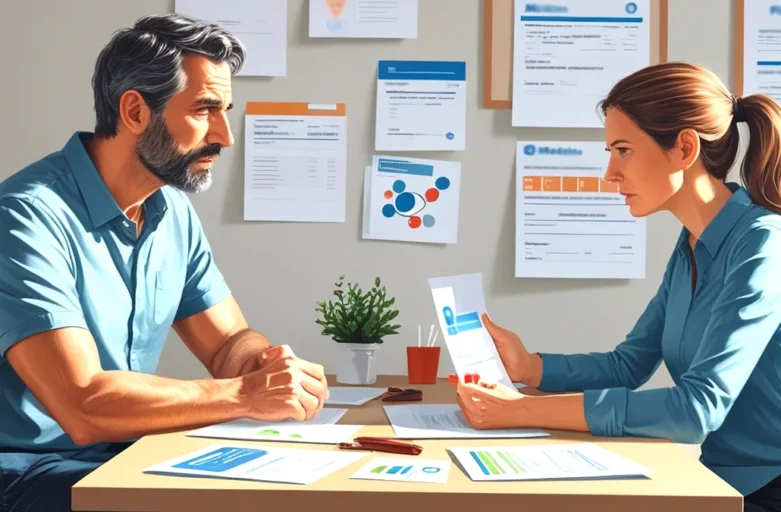 Pais discutindo contas e documentos sobre o plano de saúde do filho após o divórcio, representando a disputa judicial por despesas médicas.