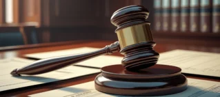 Martelo de juiz sobre documentos jurídicos simbolizando a extinção e o arquivamento de um processo judicial.