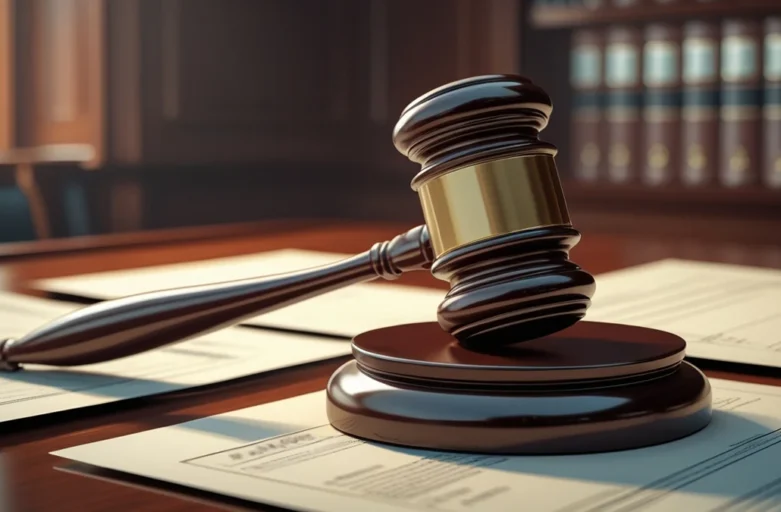 Martelo de juiz sobre documentos jurídicos simbolizando a extinção e o arquivamento de um processo judicial.