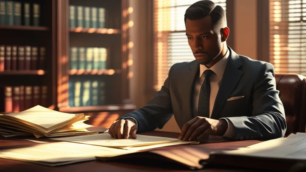 Profissional em escritório analisando contrato de trabalho PJ e refletindo sobre direitos e férias.