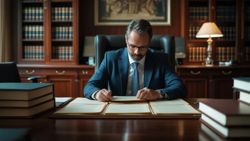 Advogado em escritório analisando documentos e ata de assembleia de condomínio para identificar decisões abusivas.