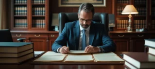 Advogado em escritório analisando documentos e ata de assembleia de condomínio para identificar decisões abusivas.