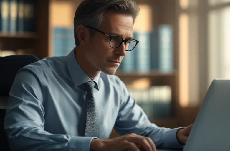 Advogado em escritório em São Paulo revisando edital de leilão de veículos para garantir segurança ao comprador.