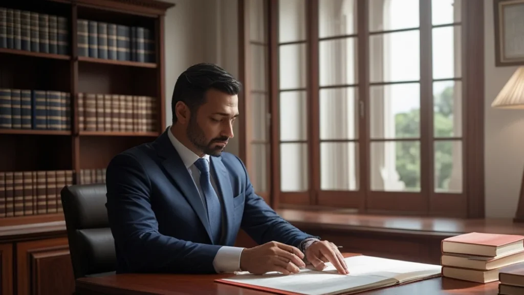 Advogado em mesa de escritório analisando documentos de processo de revisão de pensão alimentícia.