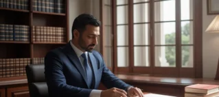 Advogado em mesa de escritório analisando documentos de processo de revisão de pensão alimentícia.