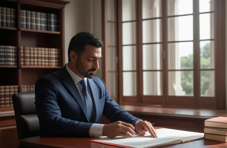 Advogado em mesa de escritório analisando documentos de processo de revisão de pensão alimentícia.