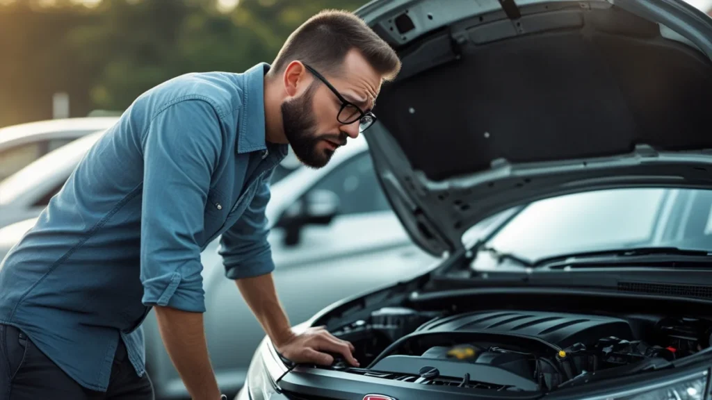 Consumidor preocupado observando motor de carro novo com capô aberto dentro de uma concessionária em São Paulo.