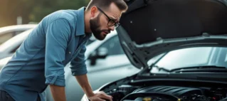 Consumidor preocupado observando motor de carro novo com capô aberto dentro de uma concessionária em São Paulo.