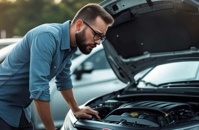 Consumidor preocupado observando motor de carro novo com capô aberto dentro de uma concessionária em São Paulo.