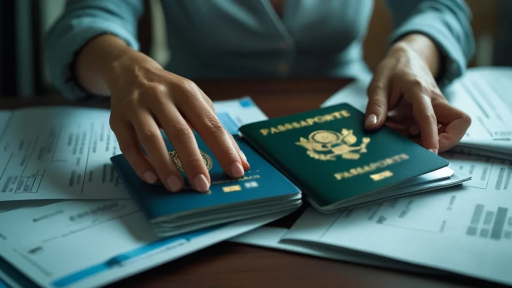 Pessoa segurando passaporte brasileiro e estrangeiro enquanto organiza documentos para saída definitiva do país.
