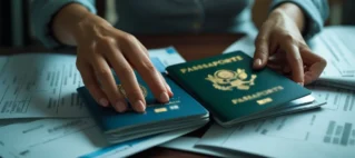 Pessoa segurando passaporte brasileiro e estrangeiro enquanto organiza documentos para saída definitiva do país.