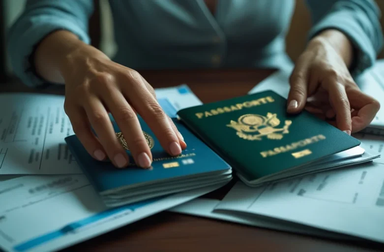 Pessoa segurando passaporte brasileiro e estrangeiro enquanto organiza documentos para saída definitiva do país.