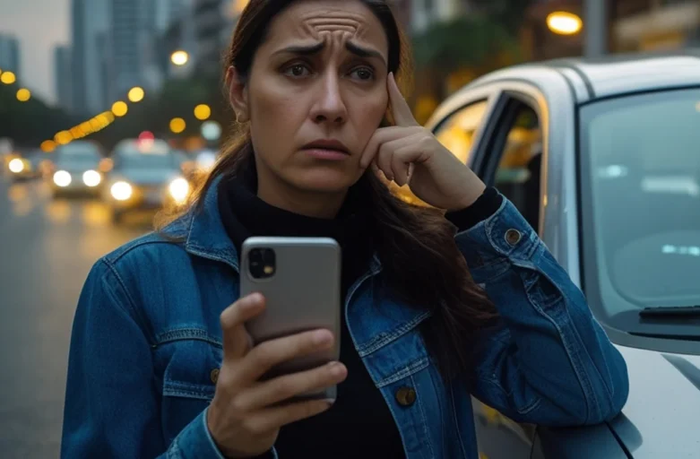 Consumidor frustrado ao lado de carro parado com capô aberto, simbolizando vício oculto e direitos do consumidor.