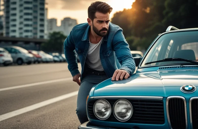 Consumidor preocupado ao lado de carro usado enquanto mecânico mostra divergência de quilometragem no scanner.