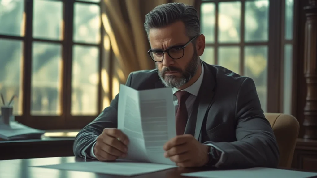 Pessoa analisando boleto de condomínio com expressão de dúvida, representando a contestação de cobrança indevida.