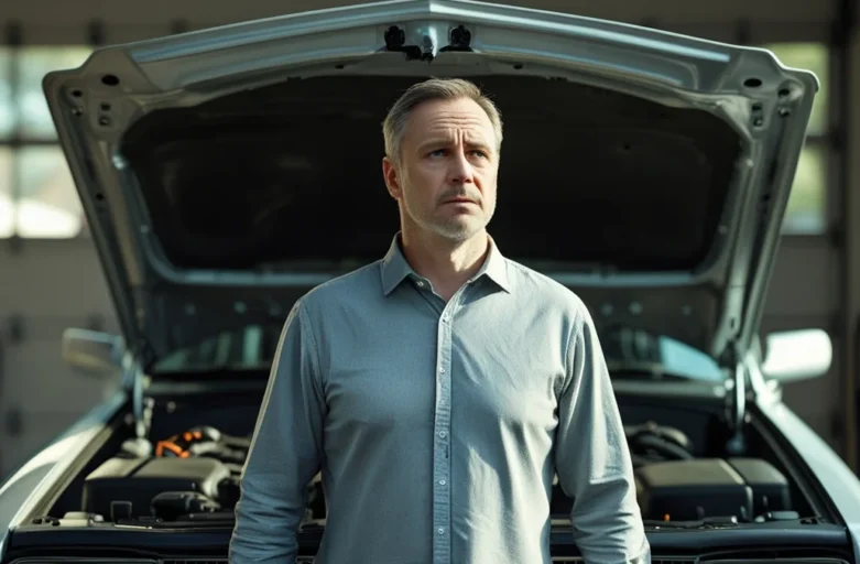 Consumidor preocupado observando o motor de um carro usado que apresentou defeito dentro da garantia.