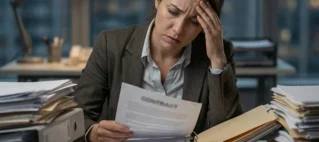 Trabalhador sobrecarregado em escritório analisando documentos, ilustrando conceito de desvio de função e direitos trabalhistas.