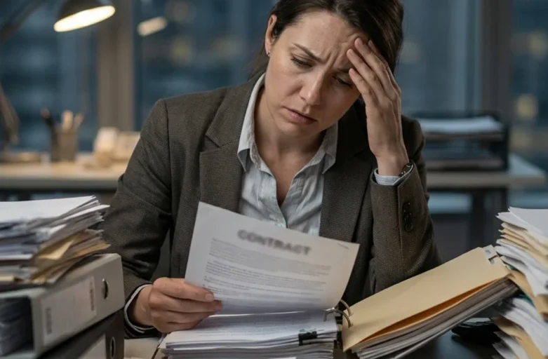 Trabalhador sobrecarregado em escritório analisando documentos, ilustrando conceito de desvio de função e direitos trabalhistas.