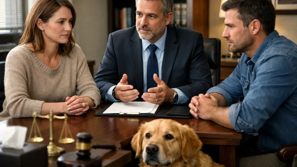 Casal em processo de divórcio conversando sobre a guarda de um cachorro com suporte de orientação jurídica.