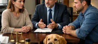 Casal em processo de divórcio conversando sobre a guarda de um cachorro com suporte de orientação jurídica.